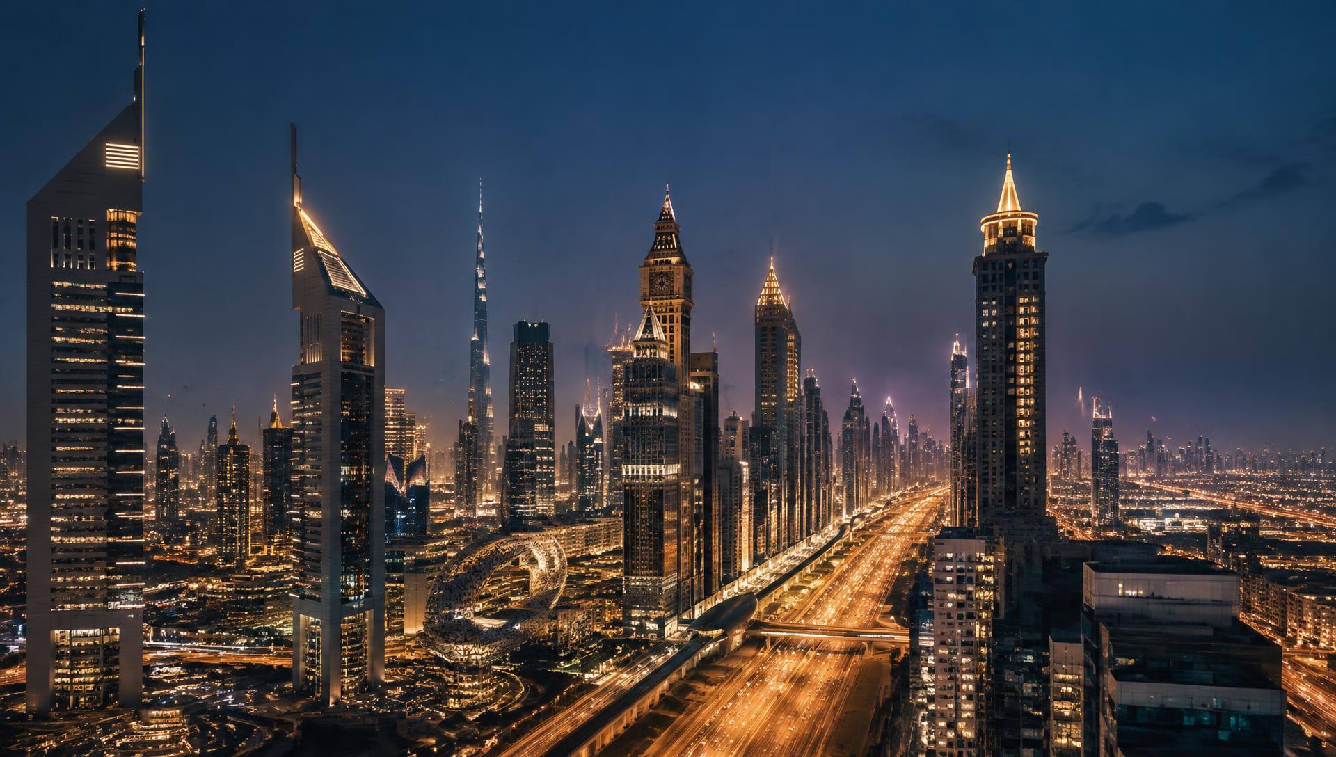 Dubai skyline along Sheikh Zayed Road at dusk