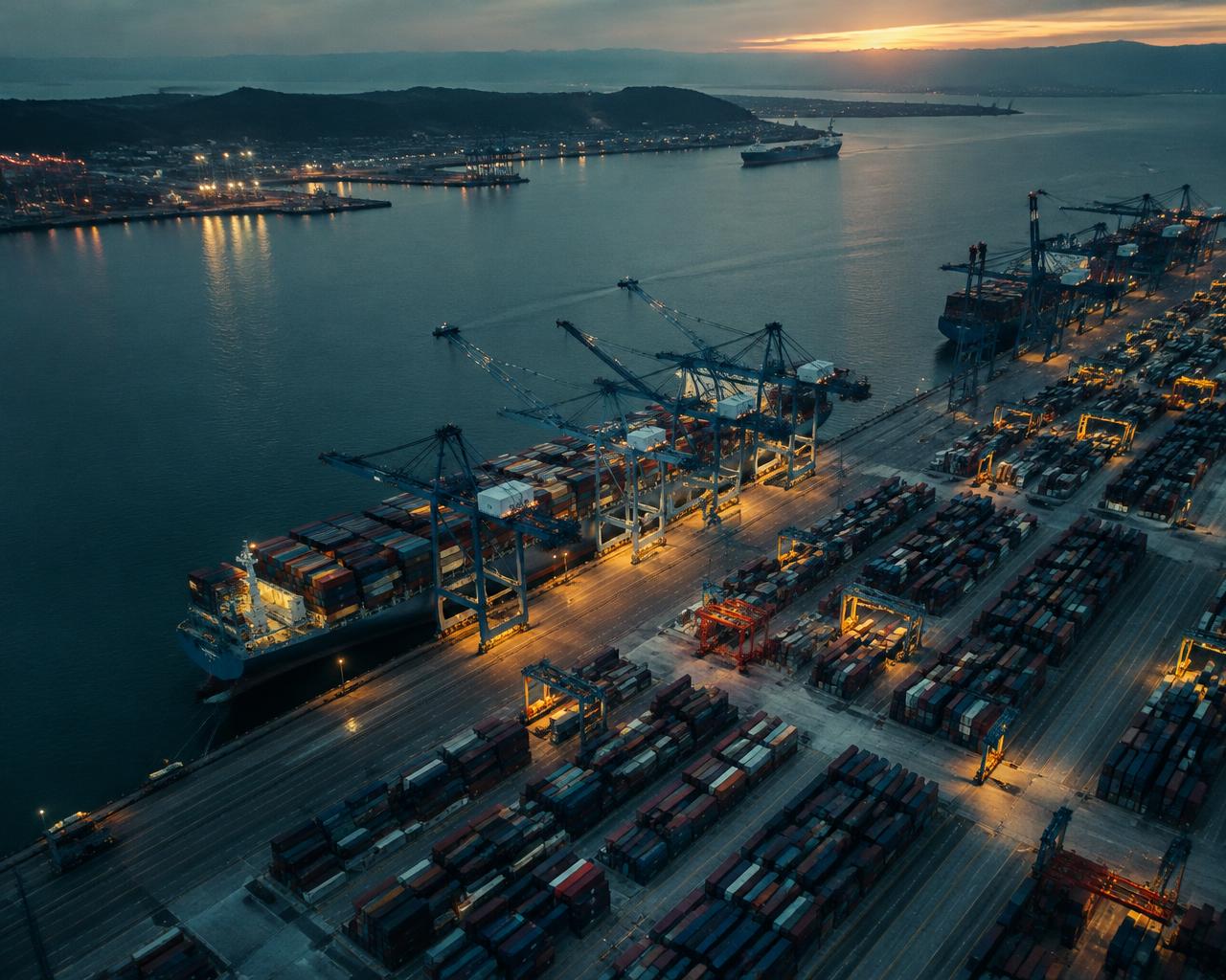 Container port with cargo ships and cranes at dusk